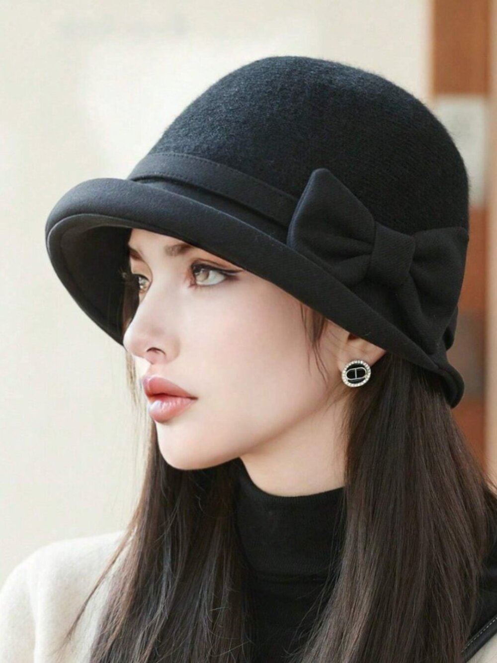 Black Cloche Hat 1920s Downton Abbey Church Bucket Hat with Bow